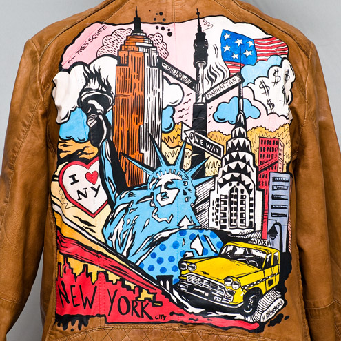 Kocham Nowy Jork - pop artowy obraz na kurtce skórzanej Andrzeja Jedynaka