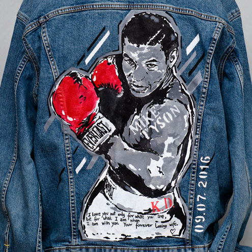Mike Tyson Zelazny Majk Bestia recznie malowana kurtka jeansowa na zamowienie malowanie na ubraniach i butach najlepsze w polsce kurtki
