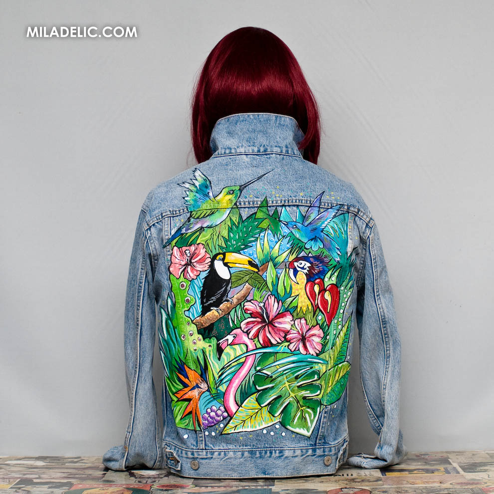 recznie malowana kurtka jeansowa tukan dzungla ptak las best custom jacket