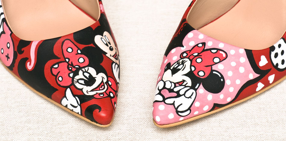 disney mickey mouse miss minni ręcznie malowane buty szpilki czerowne skórzane gino rossi